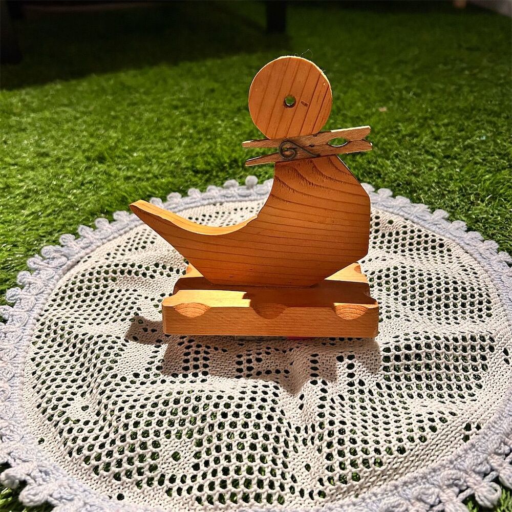 Vintage Handmade Wooden Duck Figurine Clothespin Holder Desk Decor